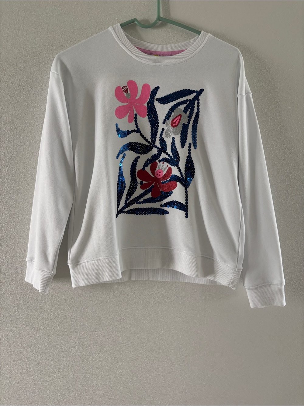 Epic Threads White Sweatshirt with Pink and Blue Sequin Floral Design
